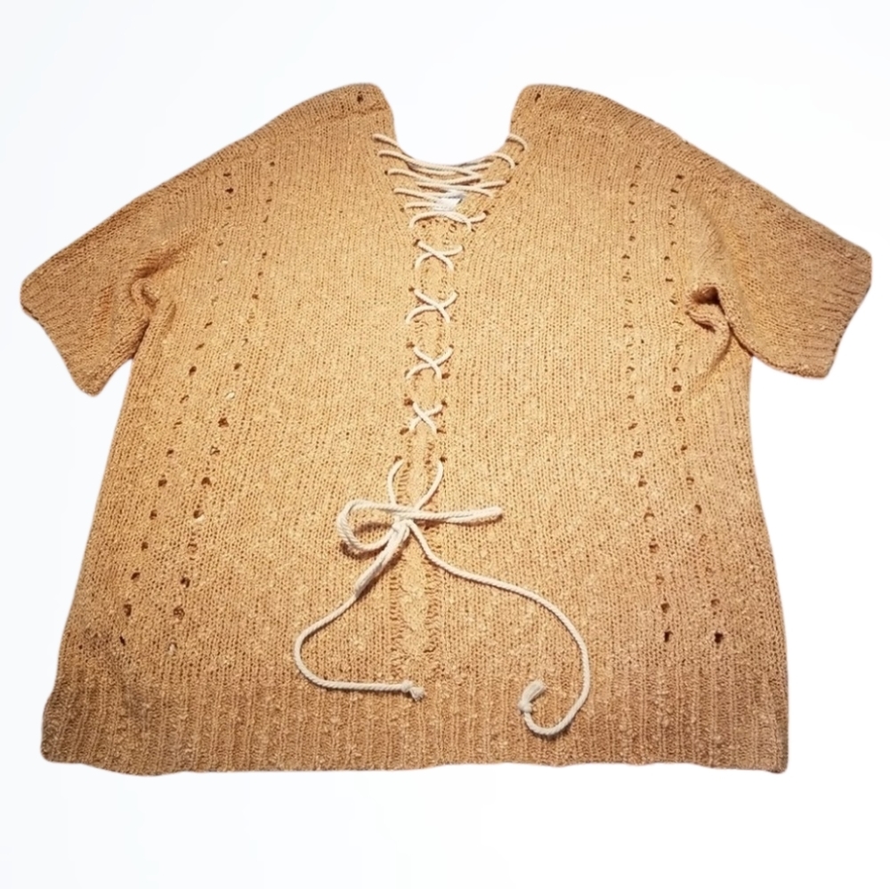Easel Slouchy Golden Red Cinnamon Short Sleeve Sweater w Ties Size S NWT